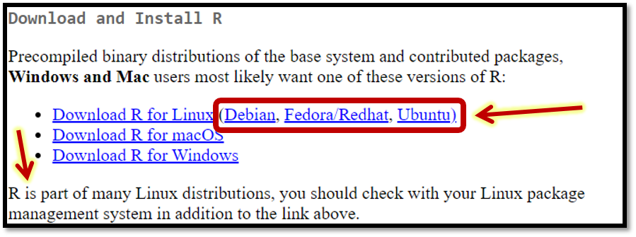 Nuorodos į programos „R“ diegimo instrukcijas „Linux“ naudotojams.  