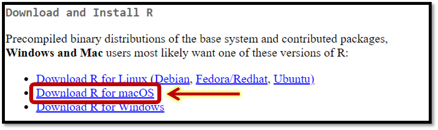 Nuoroda į programos „R“ diegimo instrukcijas „Mac OS“ naudotojams.  