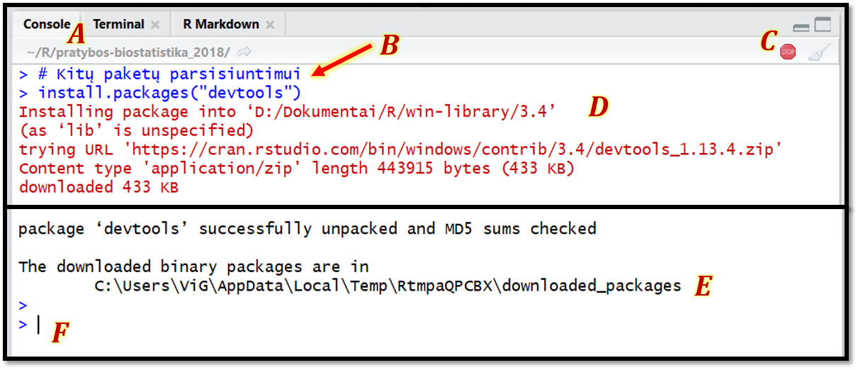 R paketo **_devtools_** diegimas programiškai. Paaiškinimai žemiau.  