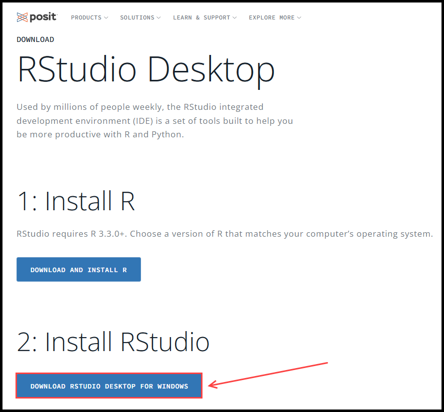 Programos „RStudio“ parsisiuntimui skirto tinklalapio fragmentas.
Jei siunčiatės savo kompiuteriui skirtą „RStudio“ versiją, tai įprastai svetainė ją parinks automatiškai ir pakaks paspausti raudona rodykle pažymėtą mygtuką. 
Kitu atveju tinklalapio apačioje bus sąrašas, iš kurio pasirinkite tą „RStudio Desktop“ versiją, kuri pritaikyta reikiamai kompiuterio operacinei sistemai („Linux“, „Mac OS“ ar „Windows“).  