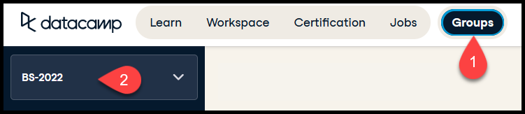 Prisijungę prie „DataCamp“, būdami pagrindiniame kursų pasirinkimo lange ([learn.datacamp.com](https://learn.datacamp.com/){target="_blank"}) ir norėdami nueiti į šiam kursui skirtą grupę, spauskite „Groups“ (1).
Tada įsitikinkite, kad esate prijungti prie jūsų kurso pavadinimo trumpinį atitinkančios grupės (2).
Užduočių sąrašas įprastai atsiranda kortelėje „Assignments“ (paveiksle nerodoma).
